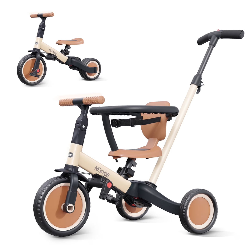 2026 Newnewyoo TR008 5-in-1 Toddler Tricycle with Push Handle, Converts to Balance Bike for 1-3 Year Old, Khaki