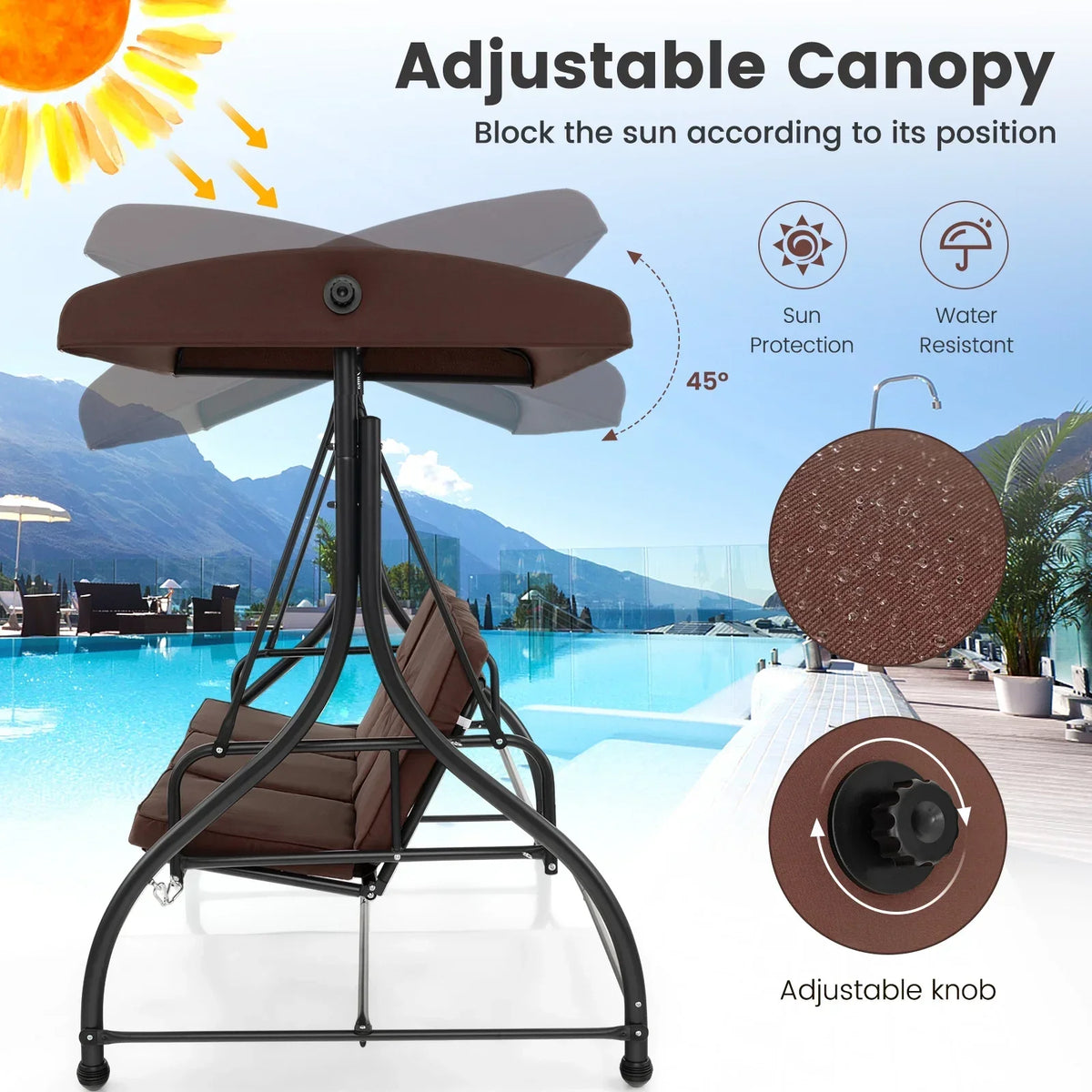 2026 NewCostway 3-Seat Outdoor Converting Patio Swing Glider Adjustable Canopy Porch Swing Black