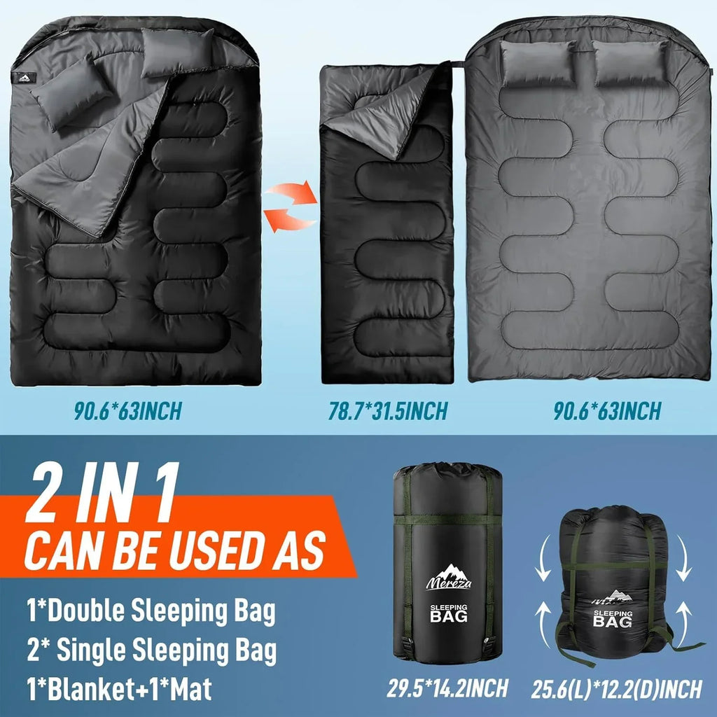 2026 NewDouble Sleeping Bag for Adults Mens with Pillow, XL Queen Size Two Person Sleeping Bag for All Season Camping Hiking Backpacking 2 Person Sleeping Bags for Cold Weather & Warm