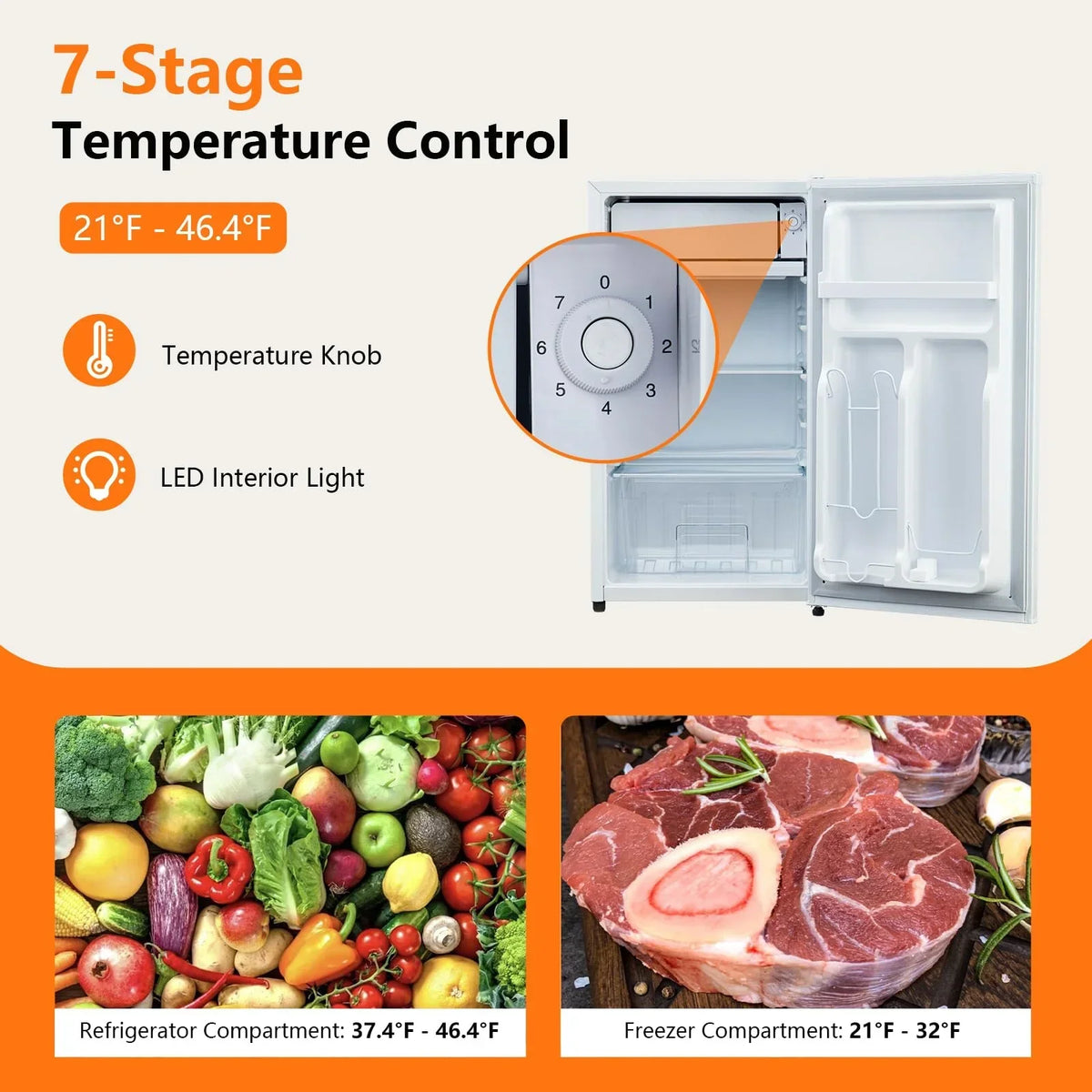 2026 NewMini Fridge with Freezer, 3.2 Cu. Ft Small Refrigerator for Bedroom,7 Adjustable Thermostat,Low Noise,Easy to Storage&Clean Single Door,Refrigerator For Home, Office, Dorm, Garage or RV