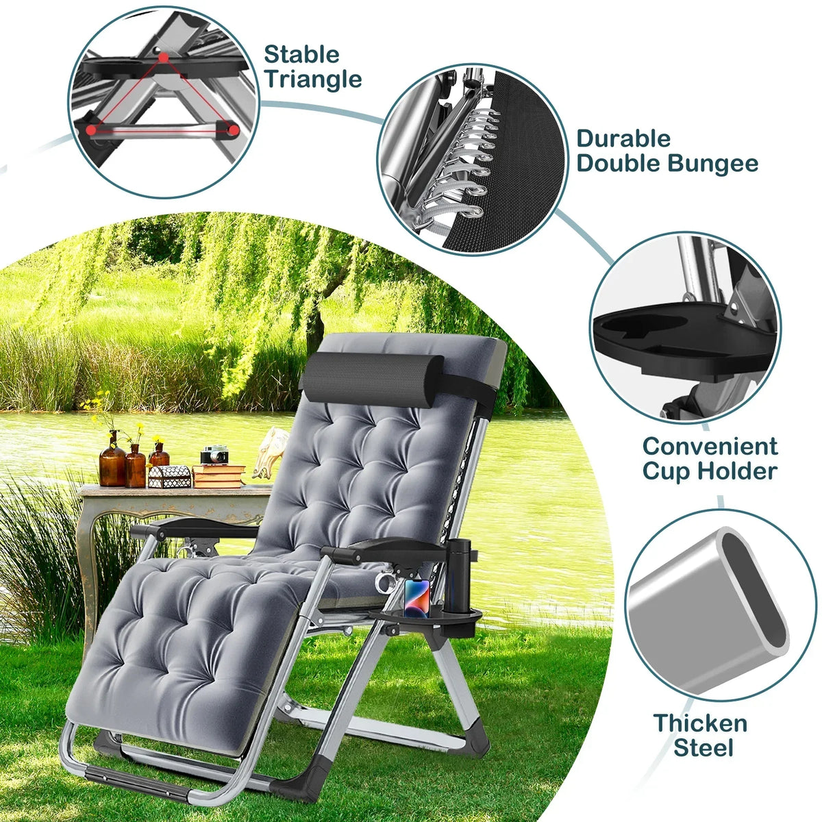 2026 NewNAIZEA 2 Pack Zero Gravity Chair, Foldable Portable Lawn Recliner with Cushion, Headrest, Cup Holder, Black