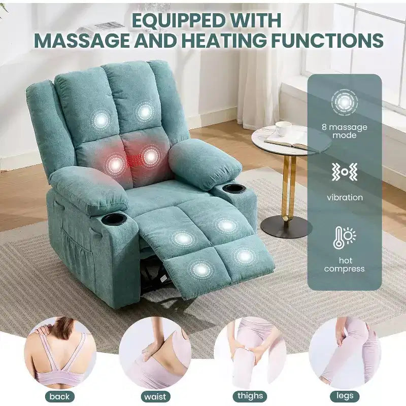 2026 Sillón reclinable manual con masaje por vibración y calefacción lumbar, bolsillo lateral y portavasos