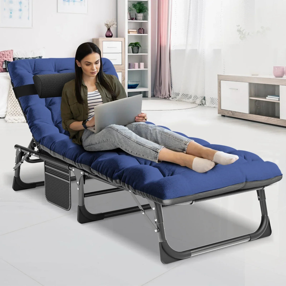 2026 NewMOPHOTO Lounge Chair with Mattress, Outdoor Chaise Lounge Support 440 Lbs, Adjustable Portable Heavy Duty Sleeping Cots Bed for Camping, Pool, Beach, Patio