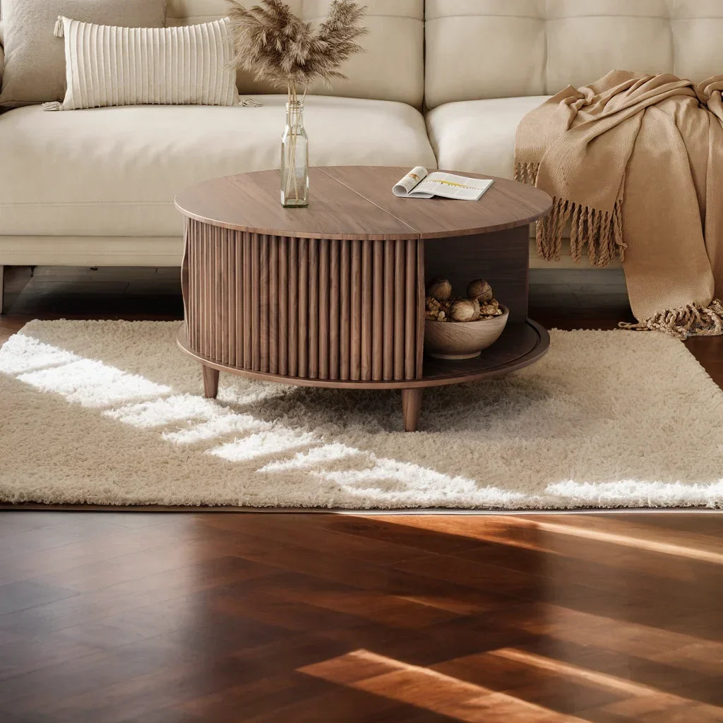 2026 NewJOINICE Round Coffee Table with Storage and Sliding Door,Mid Century Modern Wooden Center Table,for Living Room,Walnut
