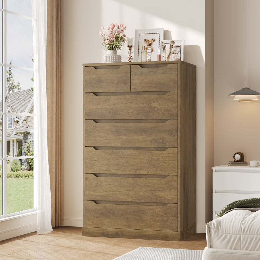 2026 NewHomfa 7 Drawer White Dresser, 51.3"H Wood Storage Cabinet with Upgraded Stable Base, Vertical Chest for Bedroom Living Room