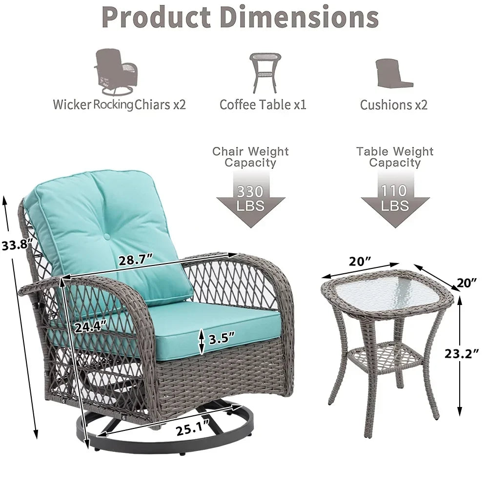2026 New3 Piece Patio Swivel Rocker Chairs Set, 2 360-Degree Swivel Rocking Chairs with 1 Glass Top Table, PE Rattan Outdoor Bistro Set with Cushions for Balcony Deck Poolside Backyard Porch