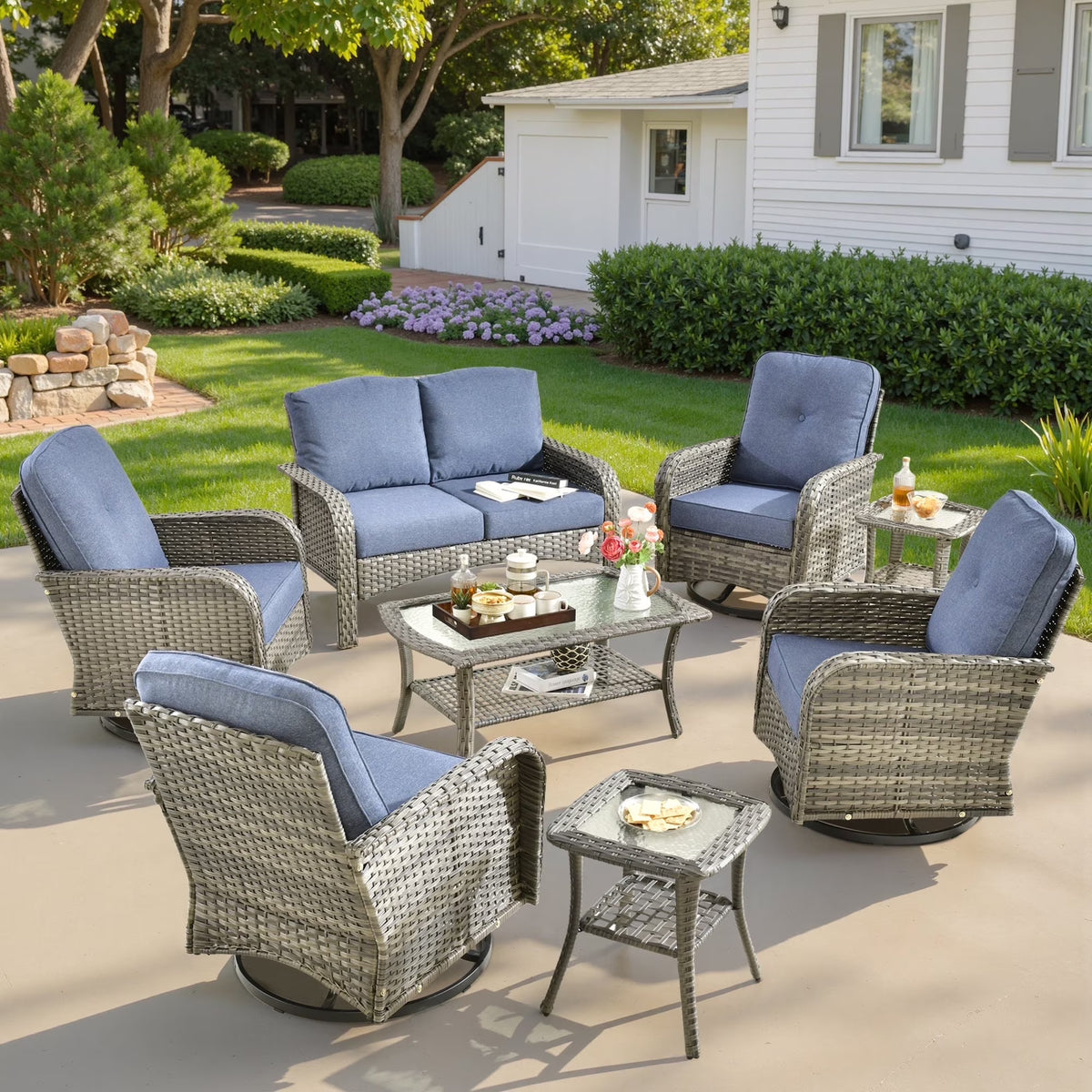 2026 NewOvios 5 Pieces Outdoor Patio Furniture Set High Back All Weather Wicker Conversation Set with Swivel Chairs & Coffee Table, Dark Gray