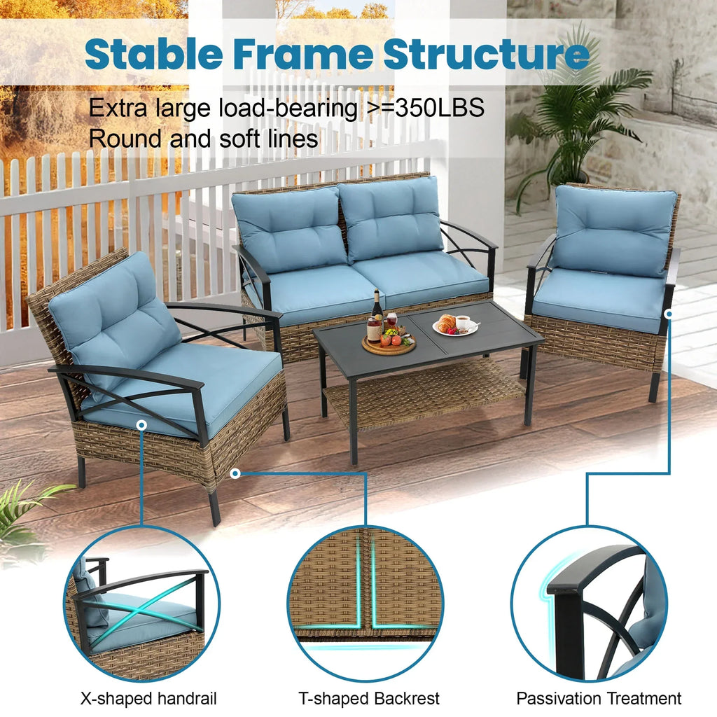 2026 NewHeavy-duty Patio Furniture Set, 4 Piece Outdoor Sectional Conversation Sets, BrownPE Rattan Patio Sofa Set with Blue Cushions