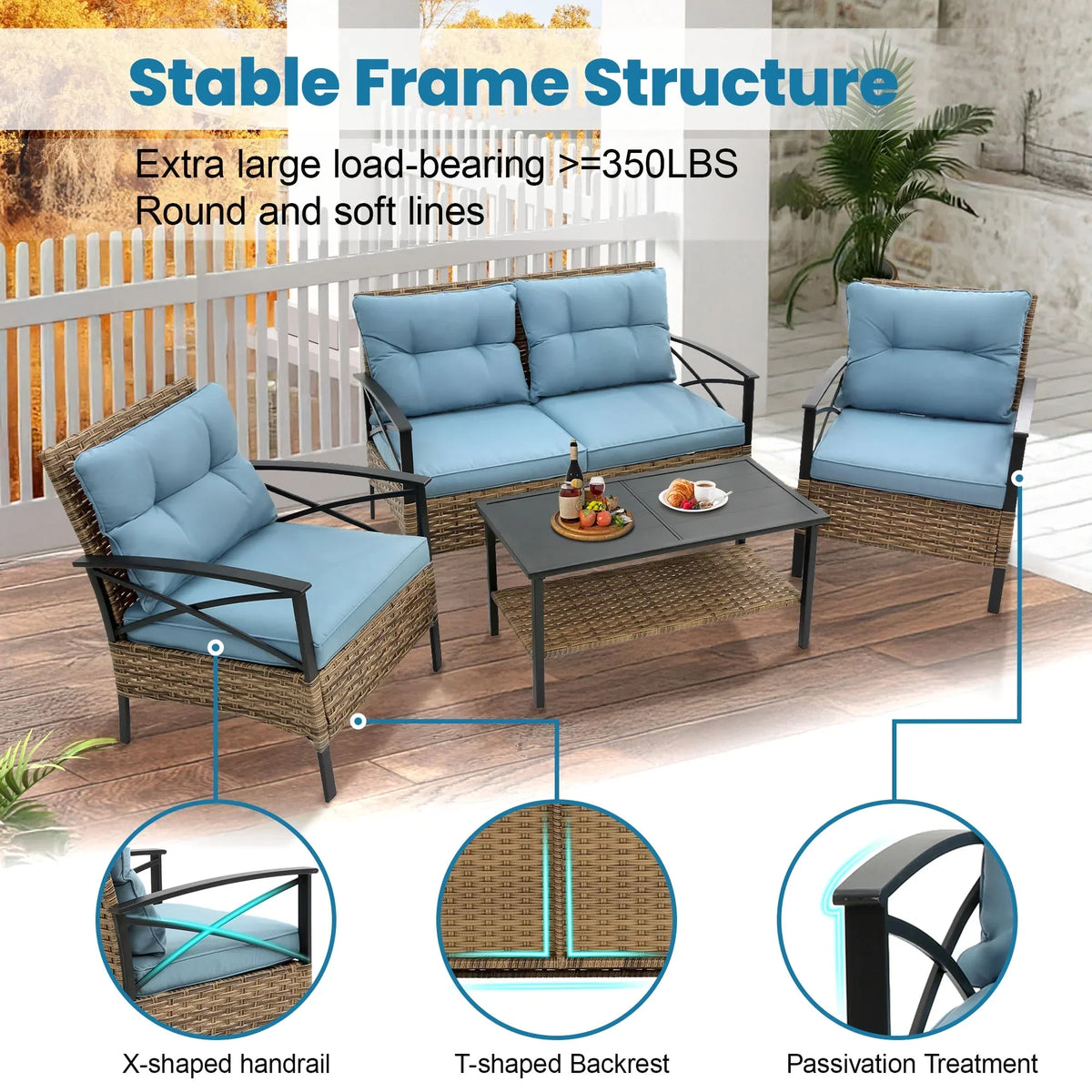 2026 NewHeavy-duty Patio Furniture Set, 4 Piece Outdoor Sectional Conversation Sets, BrownPE Rattan Patio Sofa Set with Blue Cushions