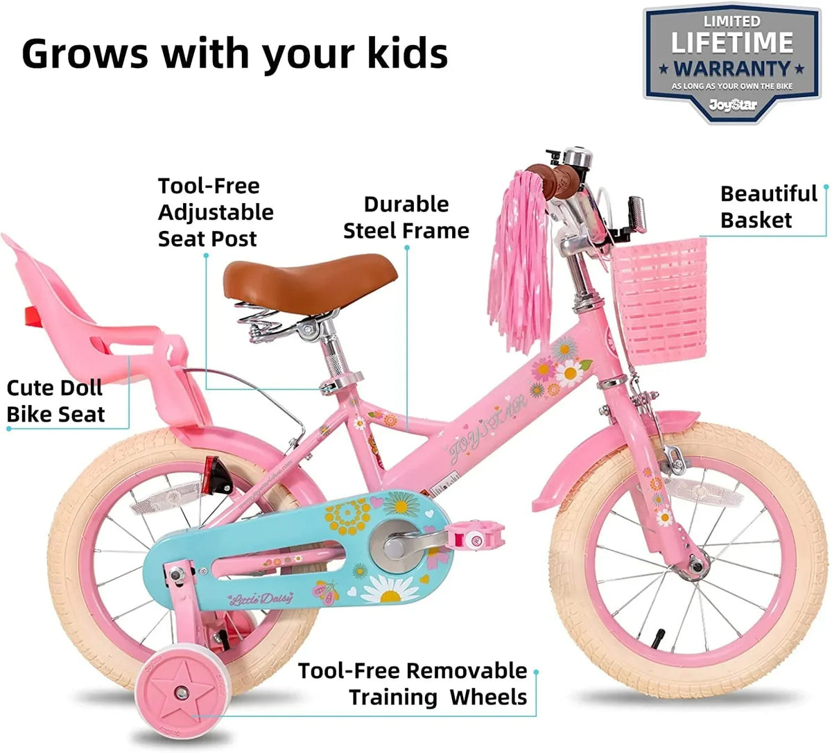 2026 NewLittle Daisy 12 Inch Kids Bike for 2 3 4 Years Girls with Training Wheels Princess Kids Bicycle with Basket Bike Streamers Toddler Cycle Bikes Pink