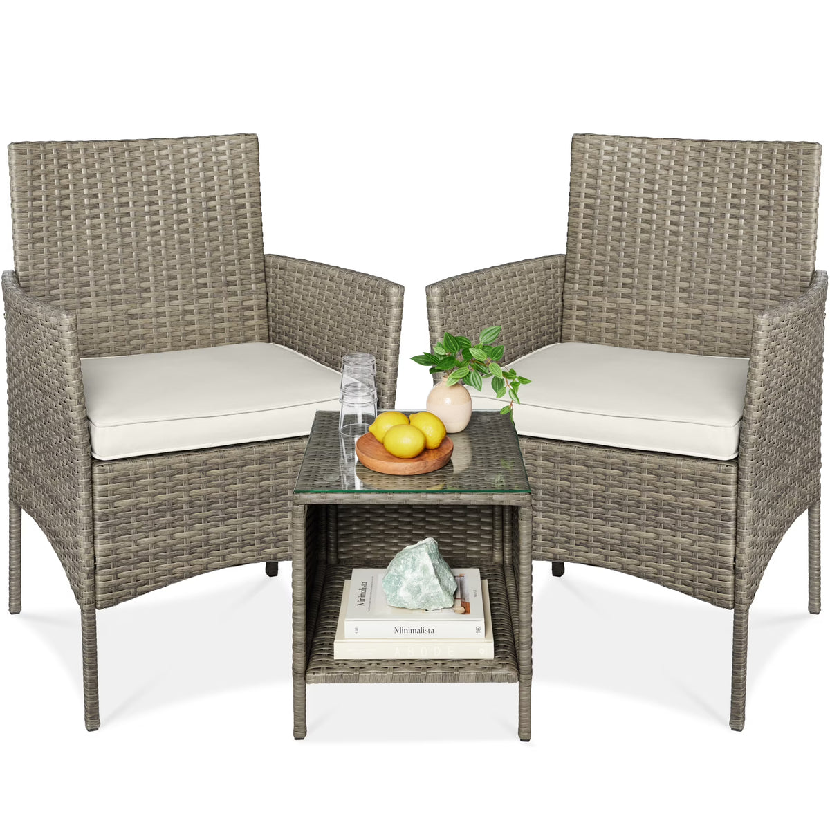 2026 NewBest Choice Products 3-Piece Outdoor Wicker Conversation Patio Bistro Set, w/ 2 Chairs, Table - Gray/Navy