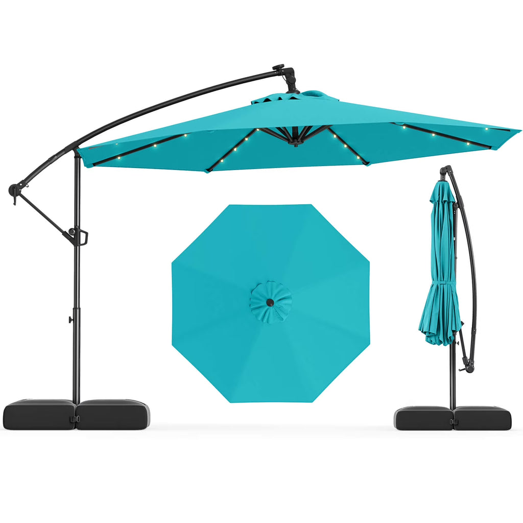 2026 NewCostway 10 FT Solar Offset Hanging Umbrella Patio Cantilever Umbrella with 32 LED Lights Brown