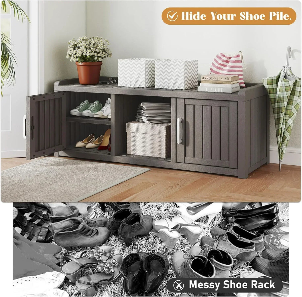 2026 NewKAMABOKO Outdoor Shoe Storage Cabinet, Waterproof UV-Resistant Entryway Storage Bench Indoor Outdoor with 2 Barn Doors, Adjustable Shelves for Entryway, Bedroom, Hallway,Living Room(Black)