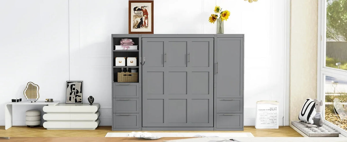 2026 NewNewest Queen Size Murphy Bed Wall Bed with Closet,Drawers, Shelves,Gray