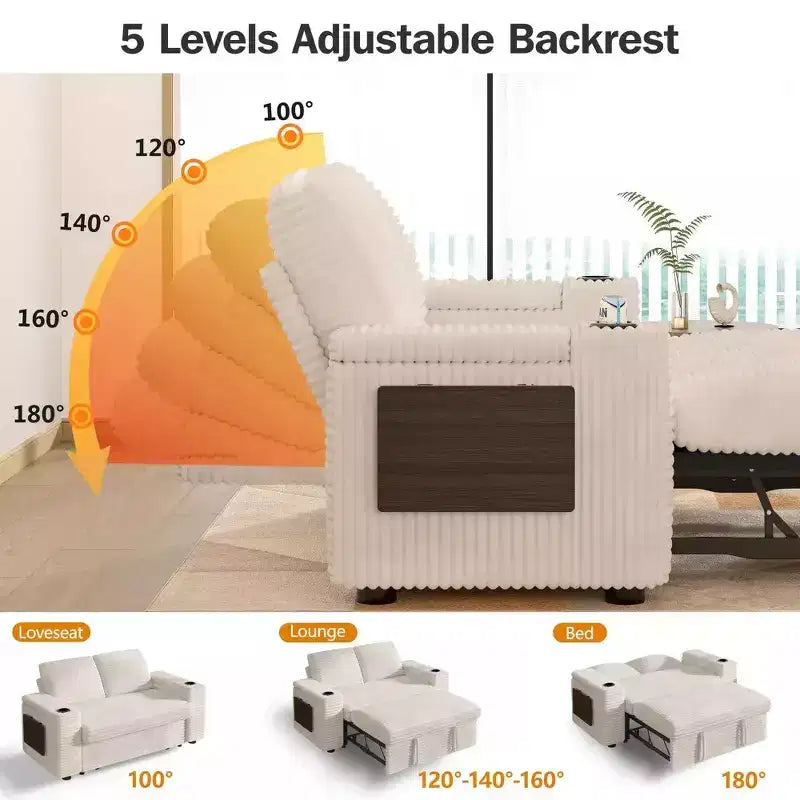 2026 Dyonery Sofá cama 4 en 1 de 65,5" con respaldos ajustables, carga USB/Type-C, portavasos y bolsillos, verde