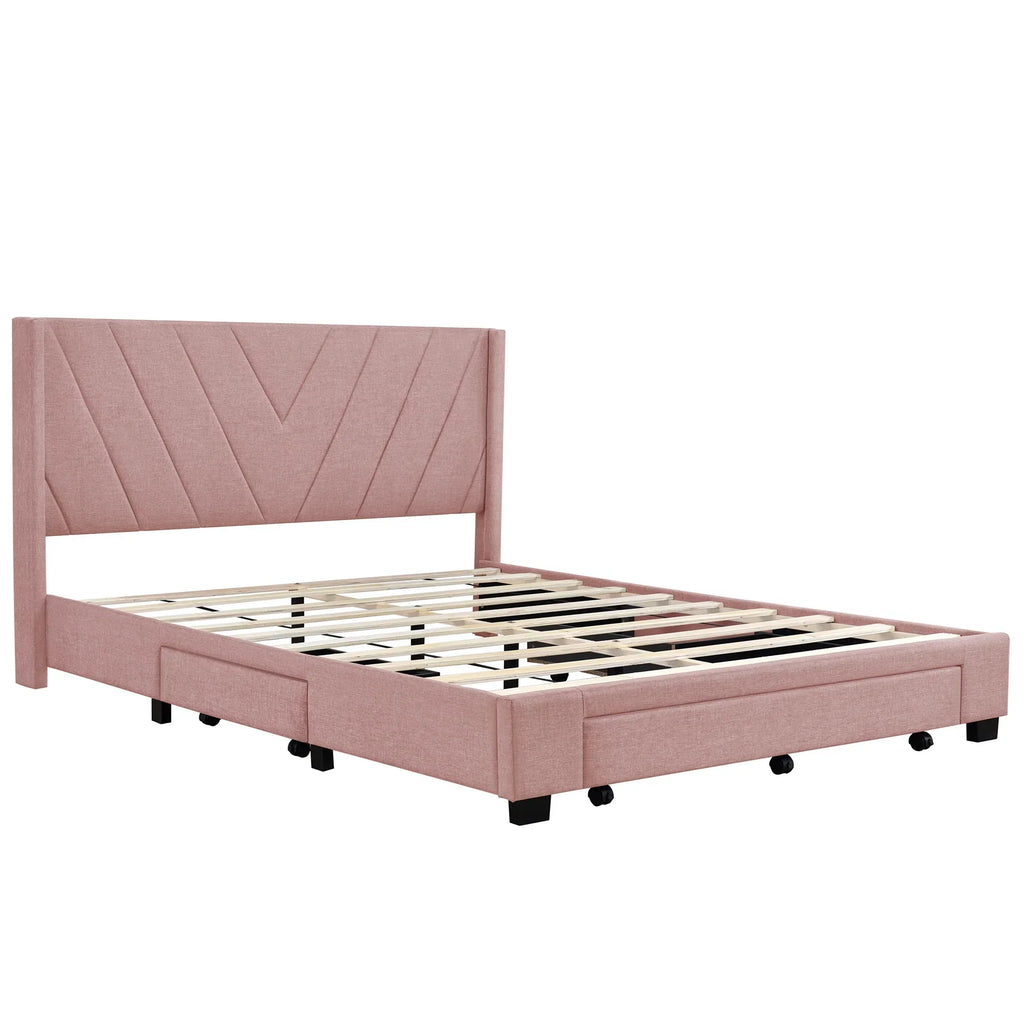 2026 NewSesslife Queen Bed Frame with Storage, New Upgraded Linen Upholstered Platform Bed with 3 Drawers, Queen Size Storage Bed with Headboard and Wooden Slats, No Box Spring Needed, Holds 500lbs, Beige