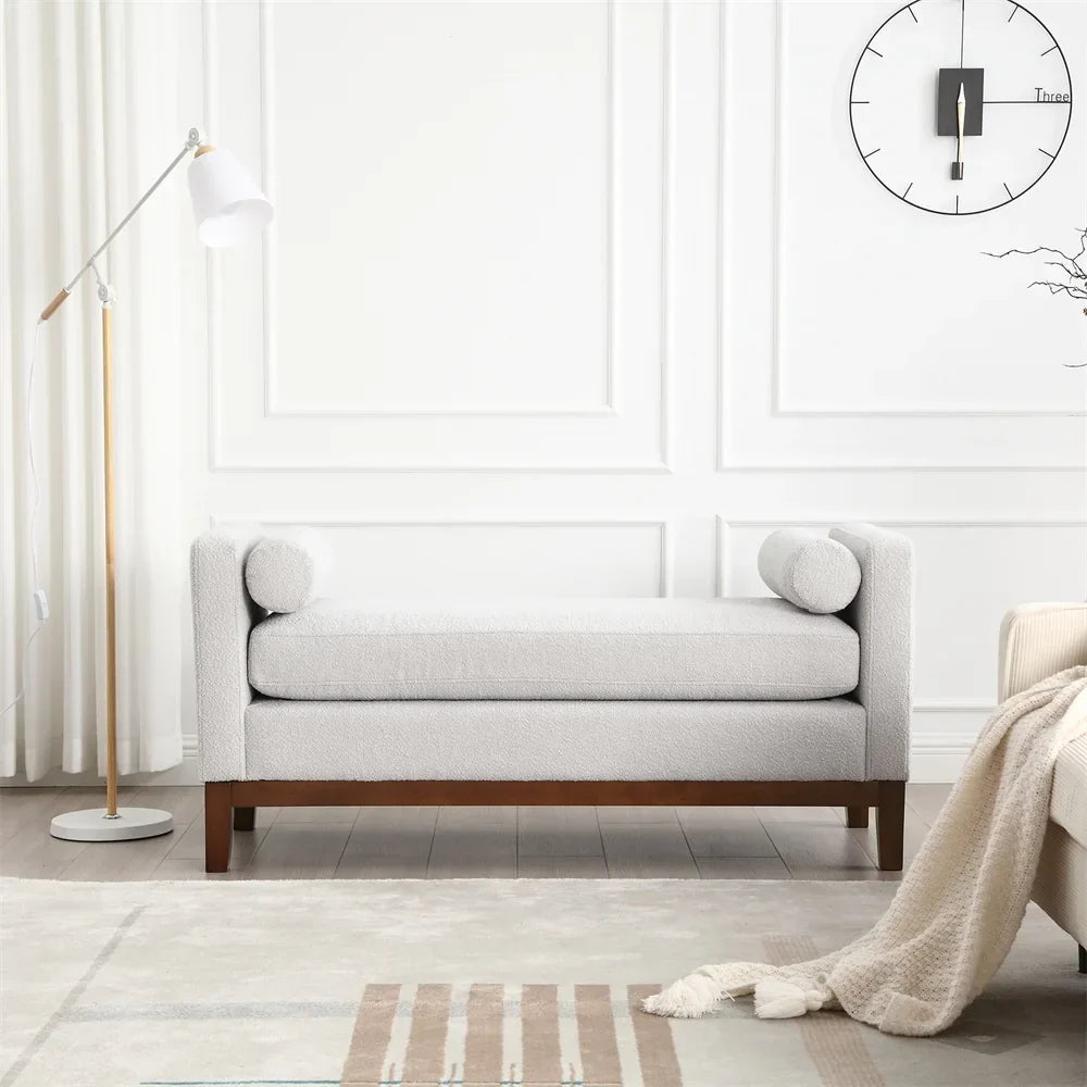2026 New53.5"W Elegant Upholstered Bench with Wood Legs & Round Pillows,Comfy Boucle Fabric Footrest with Arms, Entryway Bench for End of Bed, Bedroom and Living Room, Ivory