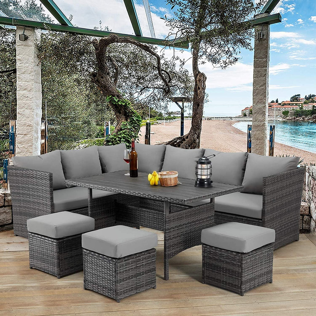 2026 NewAECOJOY 7 Piece Patio Furniture Set PE Rattan Outdoor Dining Set Sectional Sofa Couch with Table Patio Conversation Set in Gray