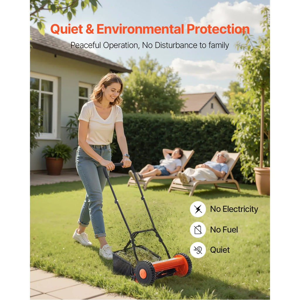 2026 NewKFFKFF 16-Inch Manual Push Reel Lawn Mower, 5-Blade Design, Adjustable Cutting Height from 0.6 to 1.75 Inches, Walk-Behind Mower with Grass Collection Bag for Lawns, Driveways, and Courtyards