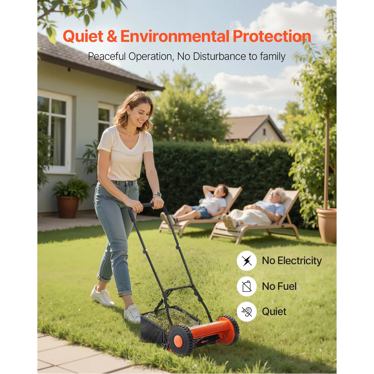 2026 NewKFFKFF 16-Inch Manual Push Reel Lawn Mower, 5-Blade Design, Adjustable Cutting Height from 0.6 to 1.75 Inches, Walk-Behind Mower with Grass Collection Bag for Lawns, Driveways, and Courtyards