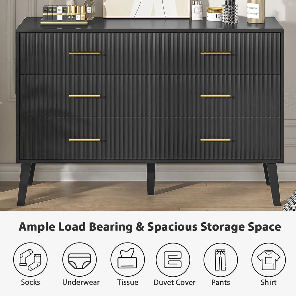 2026 NewFluted 6 Drawers Dresser, Wide Modern Chest of Drawers, 6 Drawer Double Dresser
