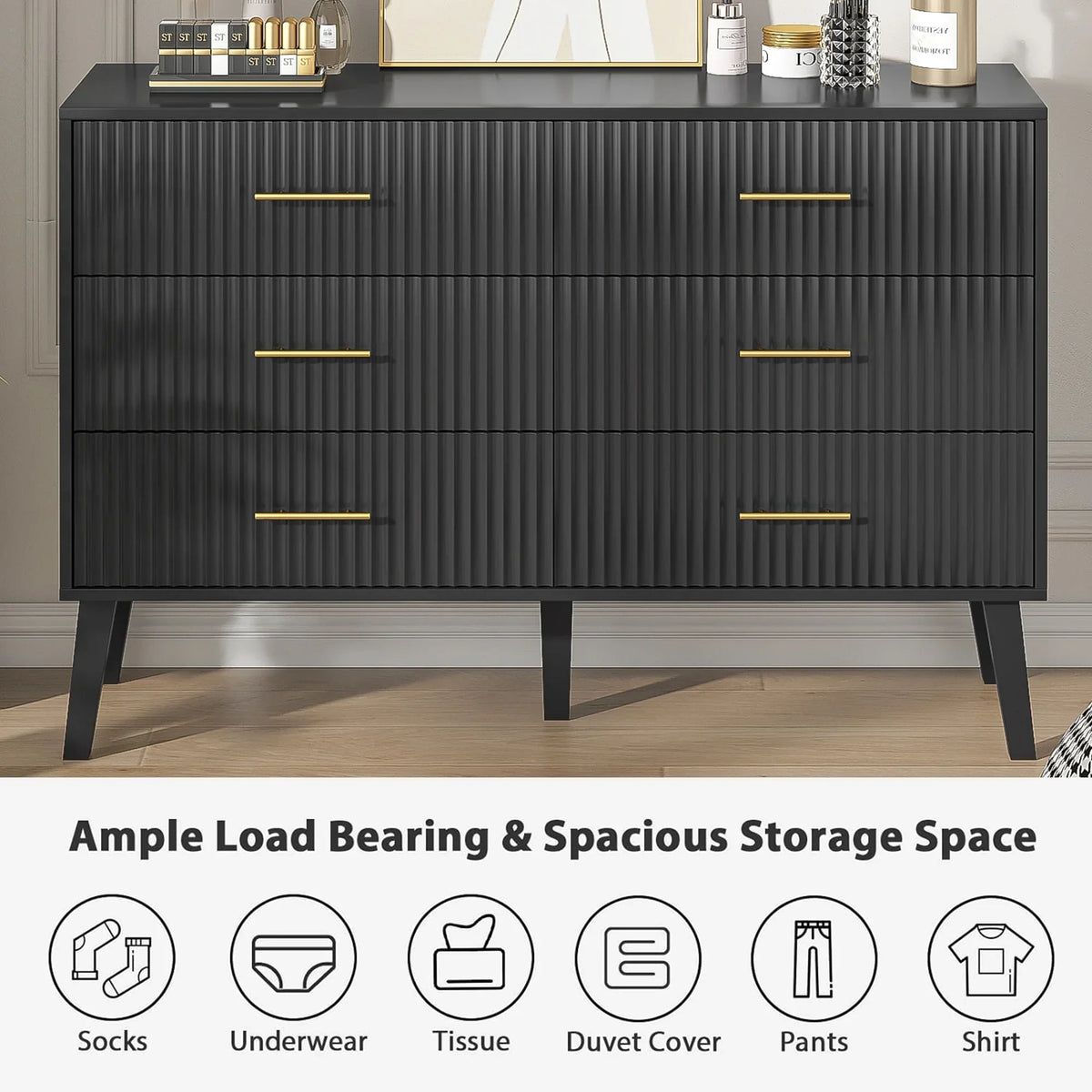 2026 NewFluted 6 Drawers Dresser, Wide Modern Chest of Drawers, 6 Drawer Double Dresser