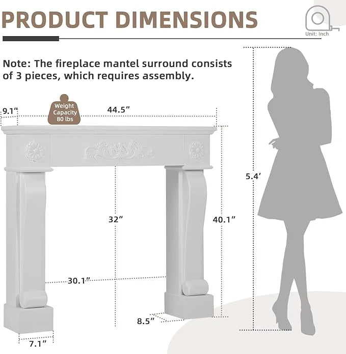 2026 NewEPICOZY 44.5" Fireplace Mantel, Freestanding Fireplace Surround with Leg for Electric Fireplaces, MDF Mantel Surround with Shelf for Living Room with Decorative Pattern, Anti-Tipping & Waterproof