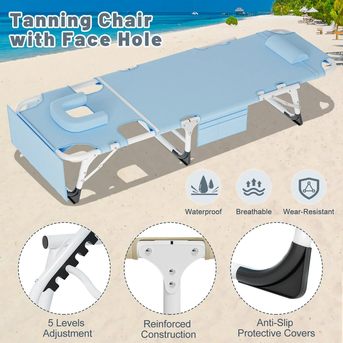 2026 NewMOPHOTO Lounge Chair with Mattress, Outdoor Chaise Lounge Support 440 Lbs, Adjustable Portable Heavy Duty Sleeping Cots Bed for Camping, Pool, Beach, Patio