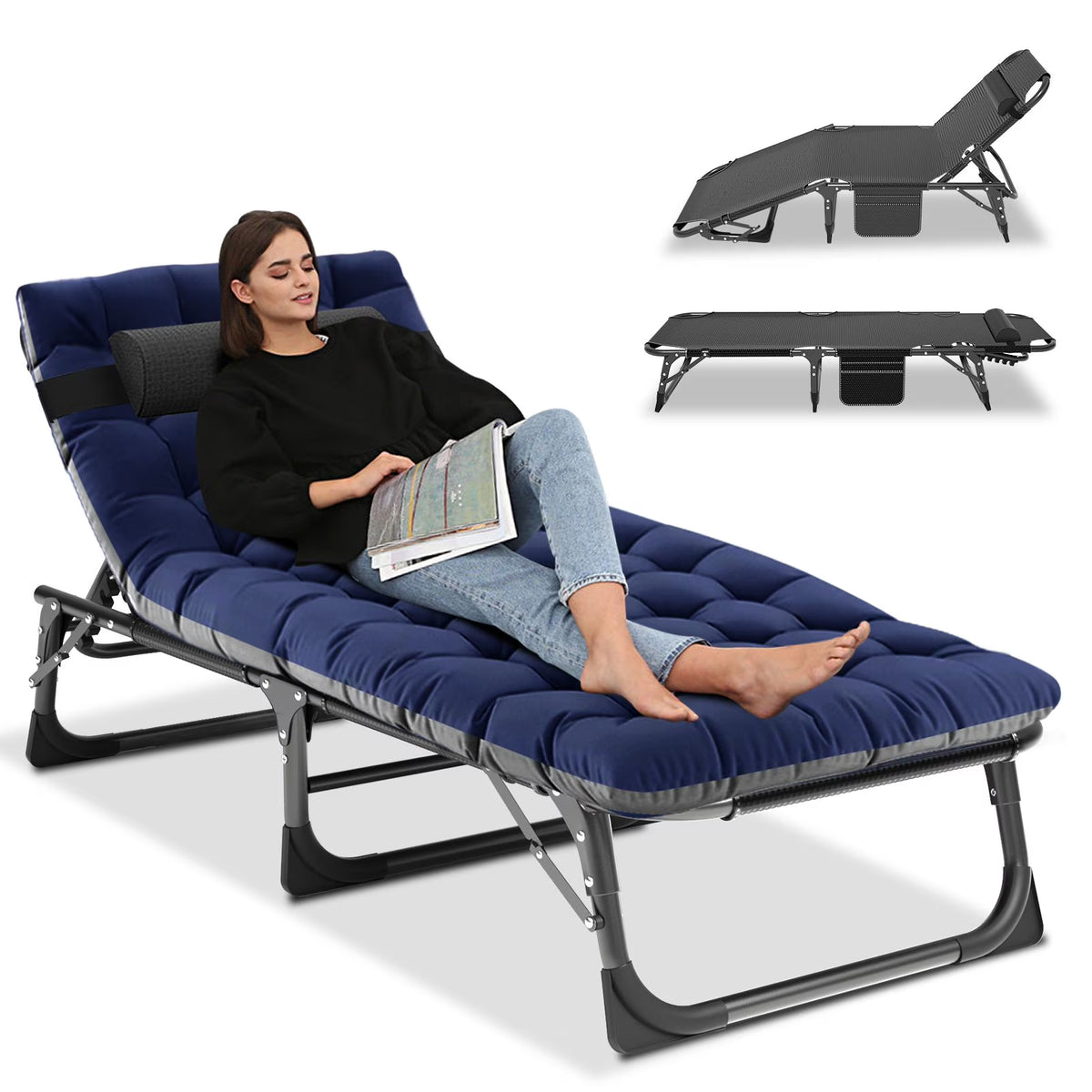 2026 NewMOPHOTO Lounge Chair with Mattress, Outdoor Chaise Lounge Support 440 Lbs, Adjustable Portable Heavy Duty Sleeping Cots Bed for Camping, Pool, Beach, Patio