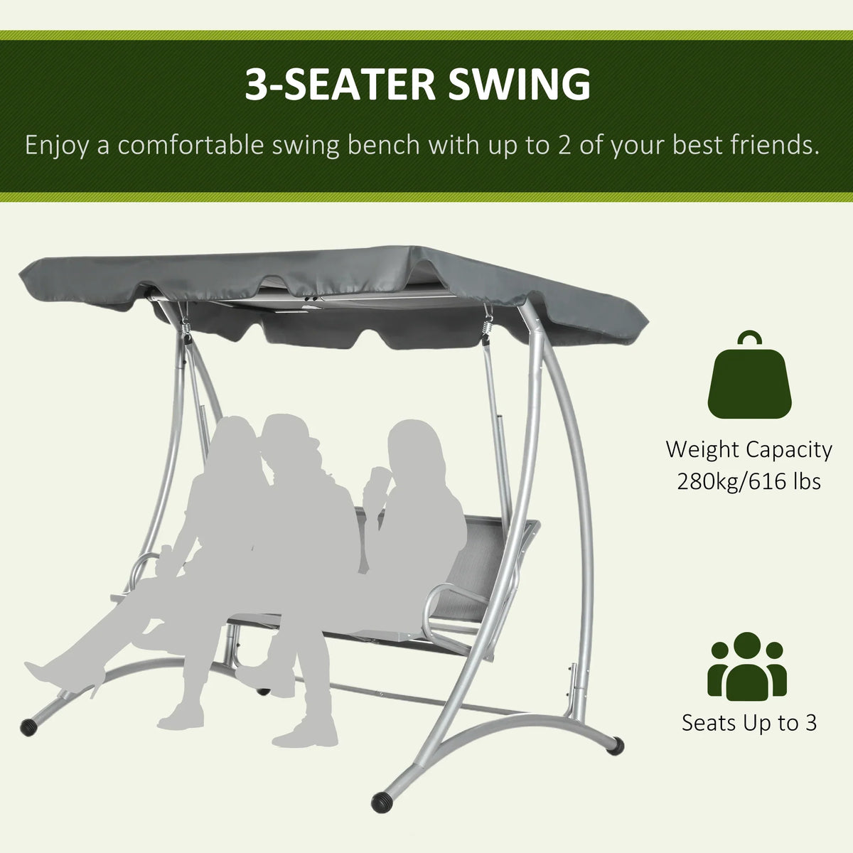 2026 NewOutsunny 3 Person Patio Swing Seats, Porch Swing with Stand & Adjustable Canopy, Heavy Duty Outdoor Swing Chair Bench for Adults, Black