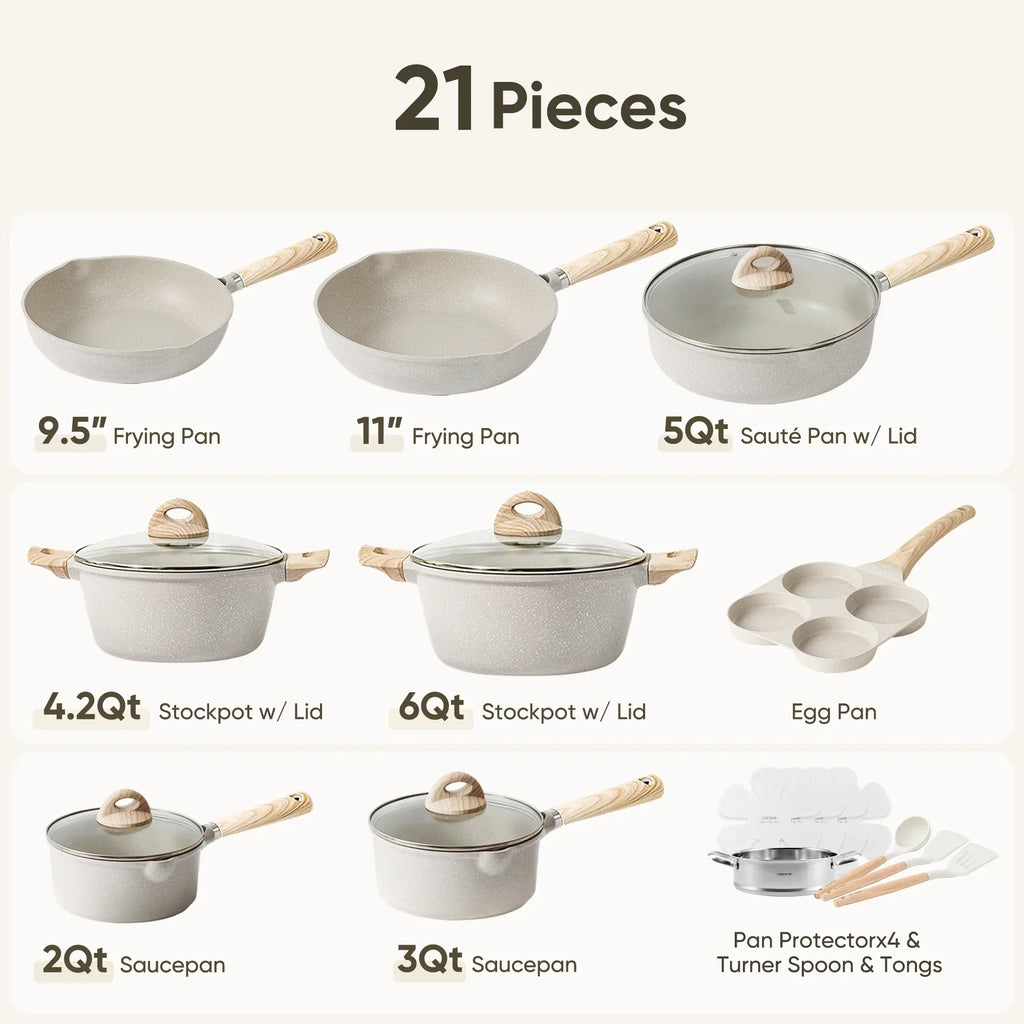 2026 NewCarote Nonstick Cookware Set 21-Piece,Kitchen Pots and Pans Set,Stay-Cool Handles, Induction Compatible,Cookware Set for RV and Camping,Beige