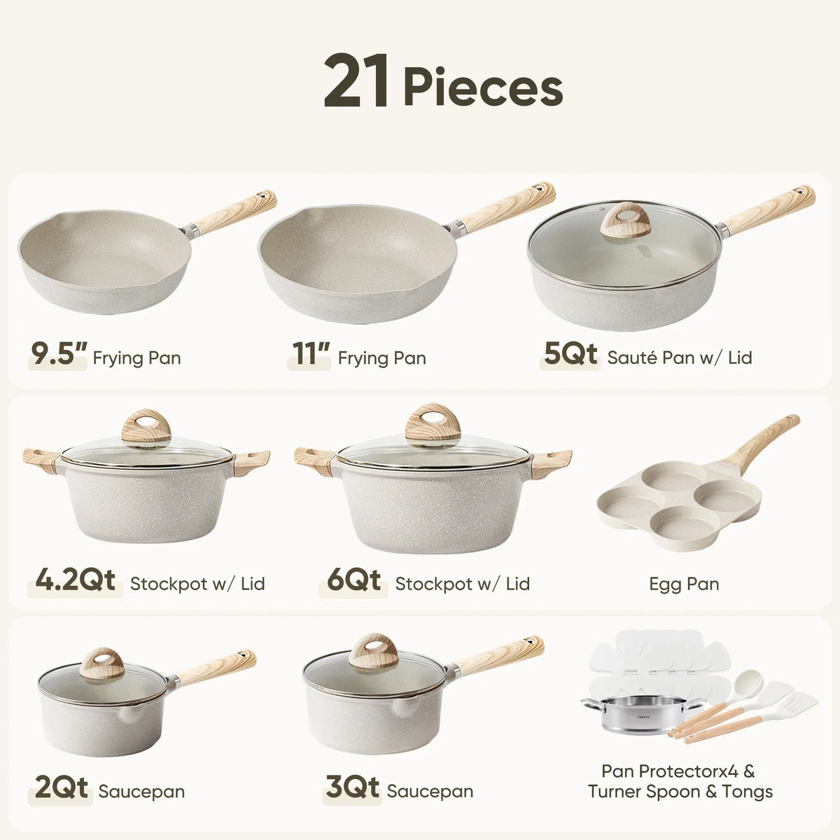 2026 NewCarote Nonstick Cookware Set 21-Piece,Kitchen Pots and Pans Set,Stay-Cool Handles, Induction Compatible,Cookware Set for RV and Camping,Beige