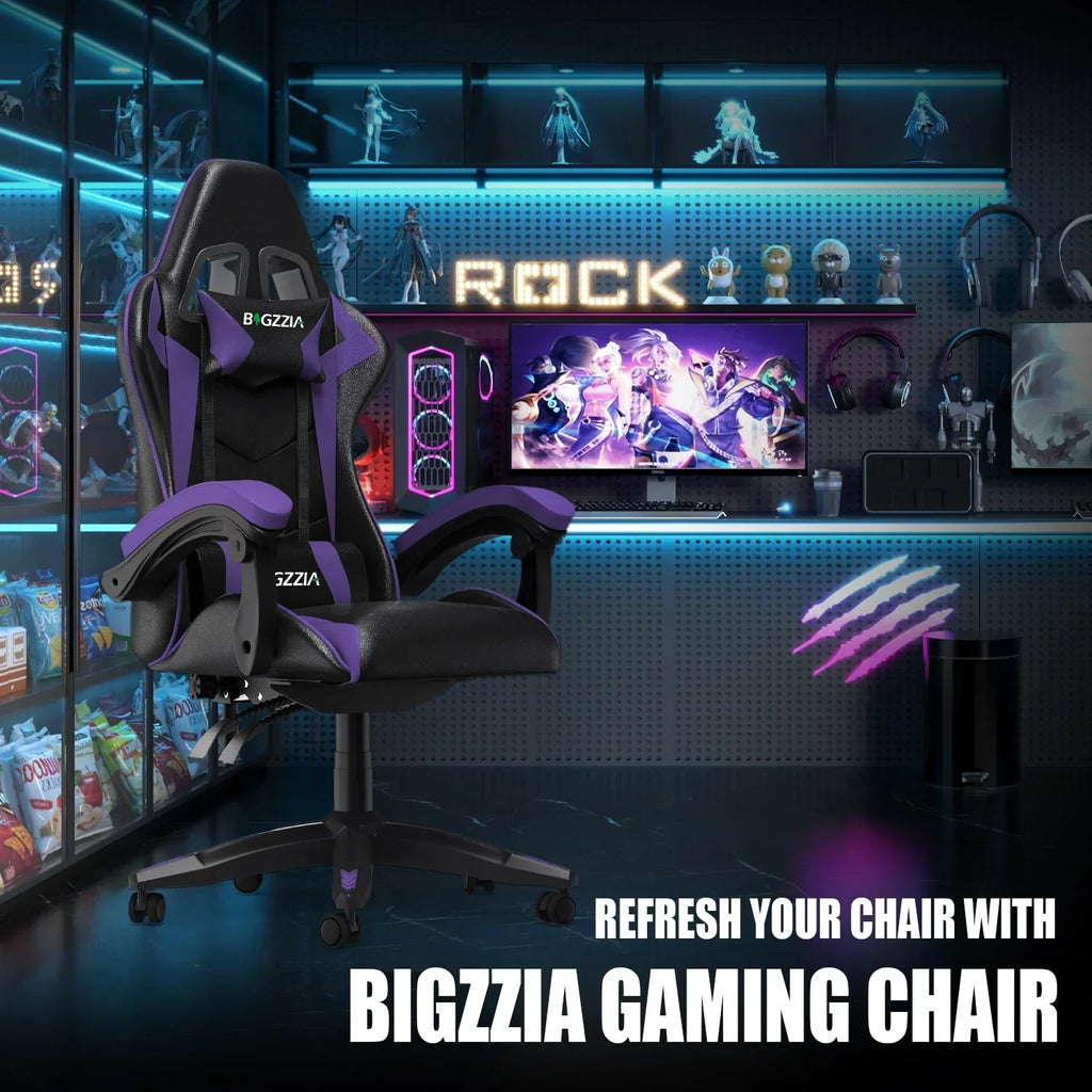 2026 NewBigzzia Gaming Chair Office Chair, Ergonomic Game Chair with Height Adjustable Headrest and Lumbar Support for Adults Teens, Black & White