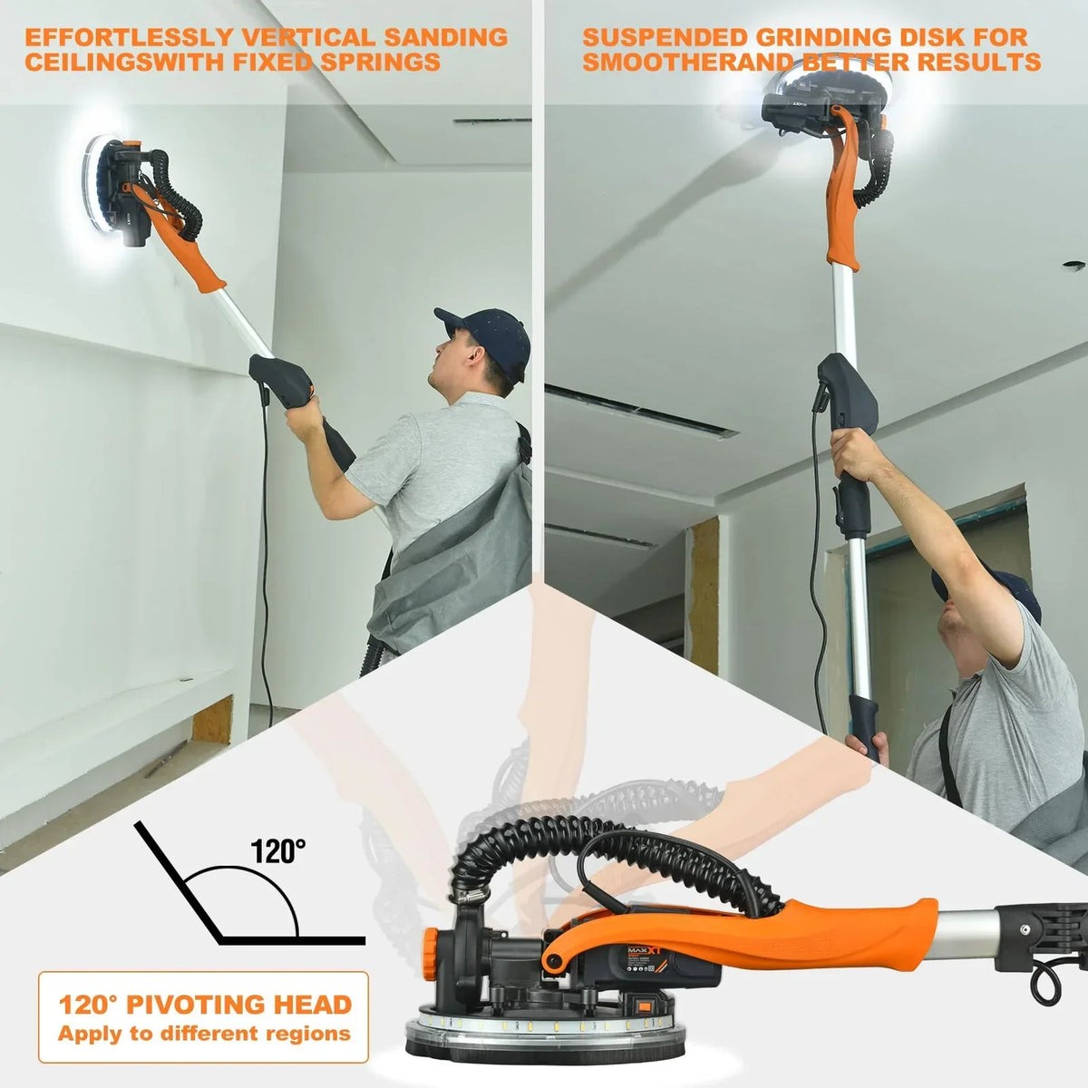 2026 NewPOVANLI 780W Electric Drywall Sander with Vacuum Dust Collection, 6.5A Motor Dustless Floor Sander with Variable Speed 900-1800RPM, LED Light, Extendable & Foldable Handle Yellow+Black