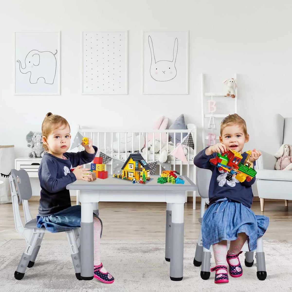 2026 NewArlopu 5 Pcs Kids Table and Chairs Set, Height Adjustable, Toddlers Activity Table & 4 Chairs Set for Study, Grey