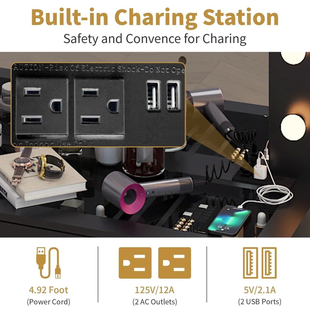 2026 NewKtaxon Large Makeup Vanity, Vanity Table Set w/ Visible Glass Top w/ Charging Station, White