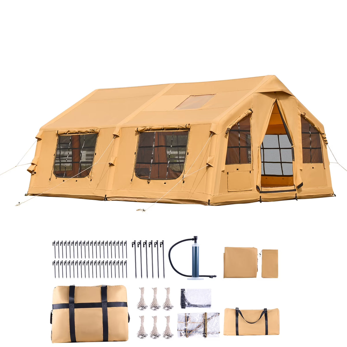 2026 NewKFFKFF Inflatable Camping Tent for 8-12 Person, 15.75 x 11.81 x 7.22 Ft Glamping Blow up Tent with Hand Pump, Waterproof Air Tent, All-Weather Camping Shelter with Dual Sunroofs, Stove Jack