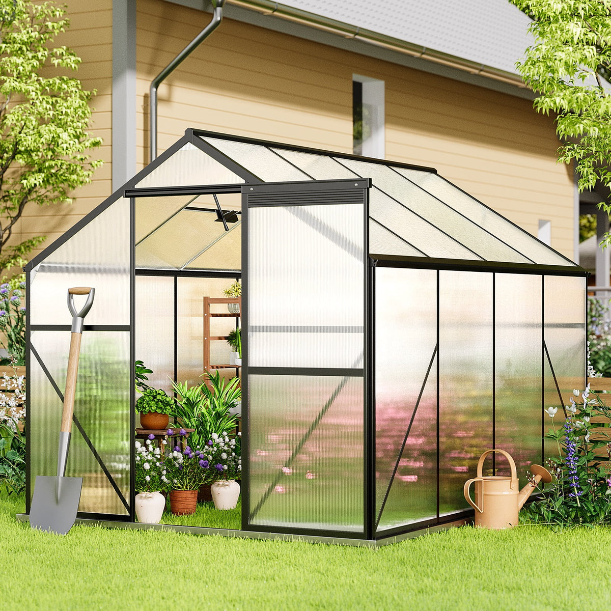 2026 Invernadero Asofer de 8x6 pies con puerta abatible con cerradura y ventana de ventilación, invernadero de invierno transitable de policarbonato, color negro.