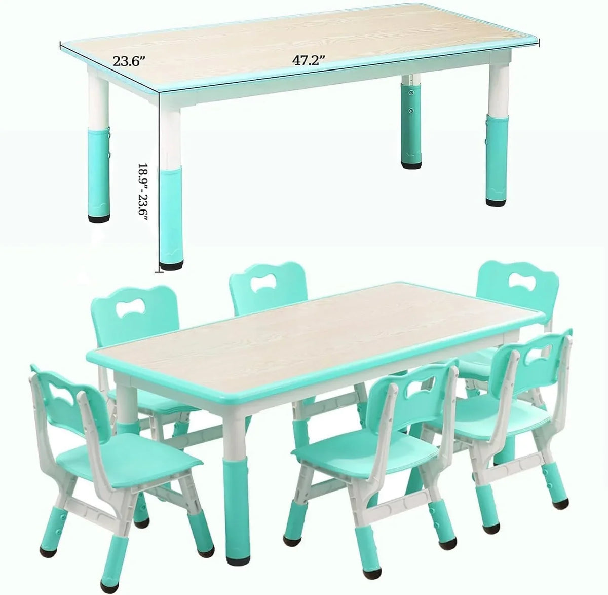 2026 NewTROPOW Kids Table and Chairs,Height Adjustable Toddler Table and 6 Chair,Multi-Activity Table with Graffiti Desktop Non-Slip Legs for Ages 2-10,Children Activity Table for Daycare,Classroom,Blue