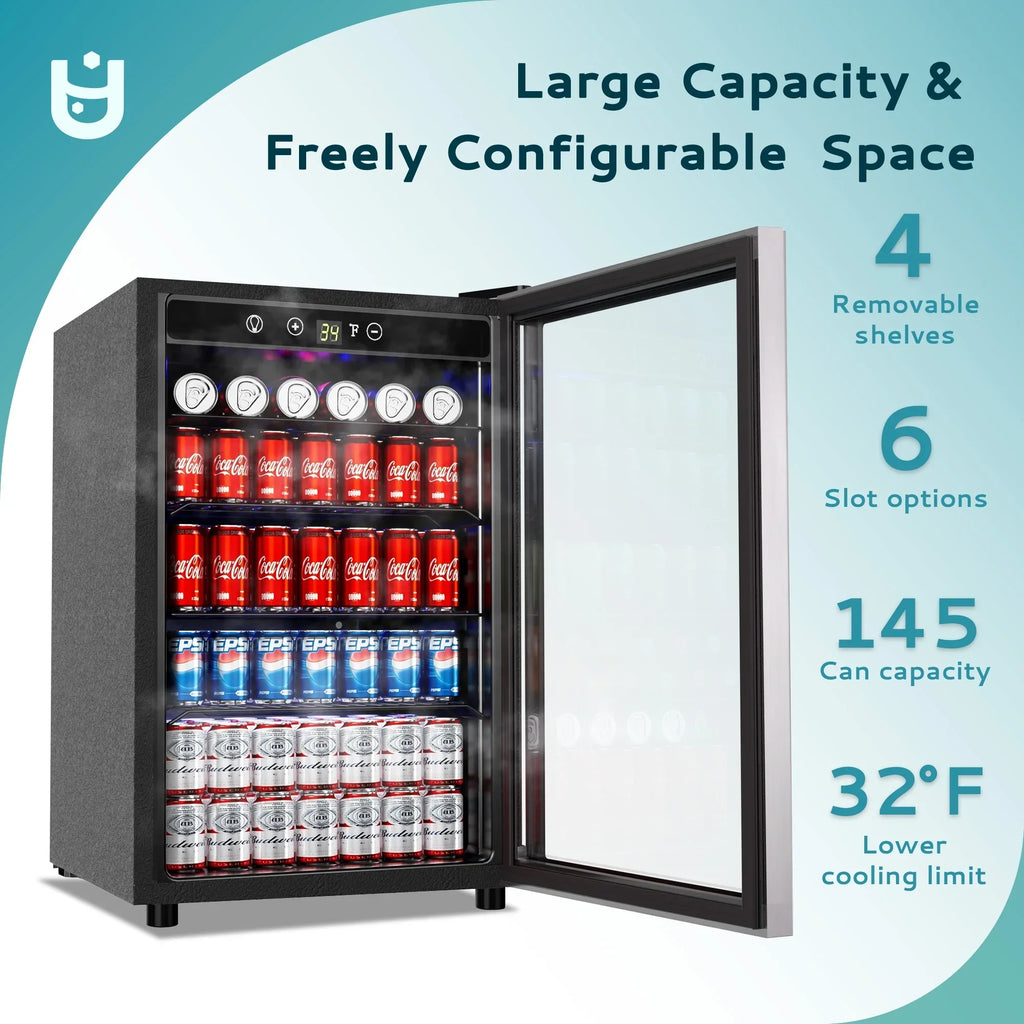 2026 NewEUHOMY 145 Can Beverage Refrigerator and Mine Cooler with Glass Door with Adjustable Shelves