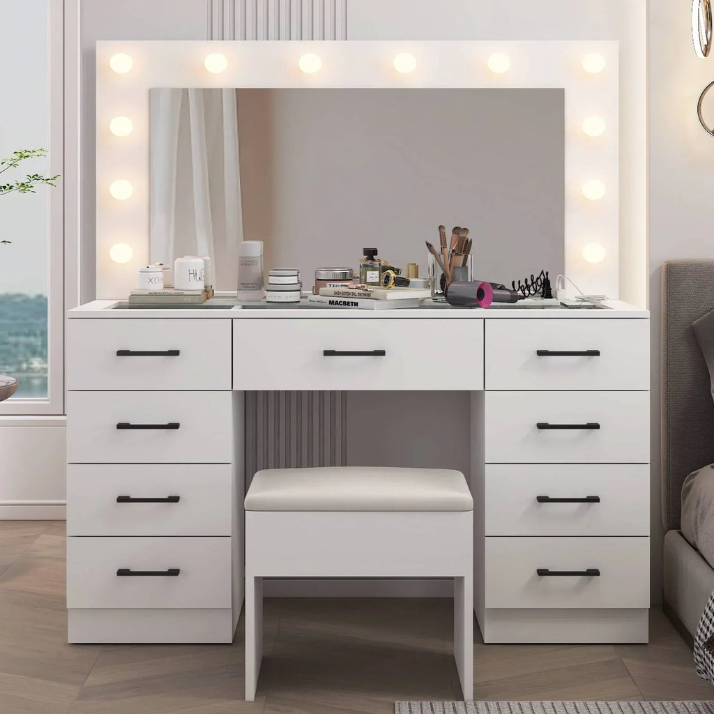 2026 NewKtaxon Large Makeup Vanity, Vanity Table Set w/ Visible Glass Top w/ Charging Station, White