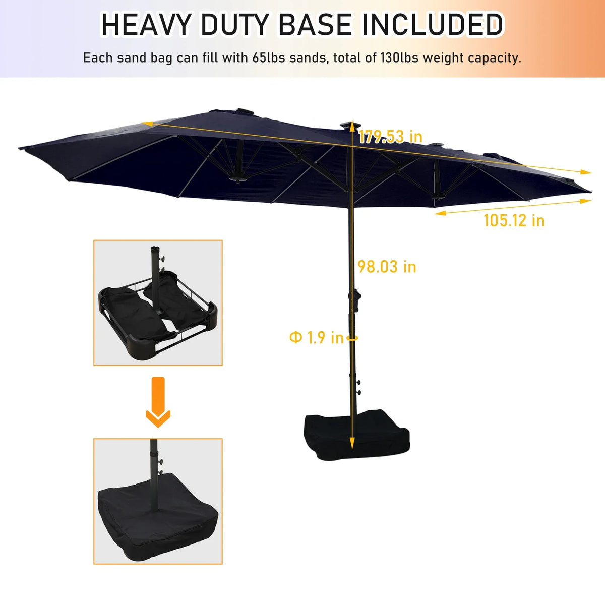 2026 NewMondawe 15ft Patio Umbrella, Large Double-Sided Solar LED Outdoor Umbrella with Fiberglass Ribs and Base for Deck Pool, Navy Blue