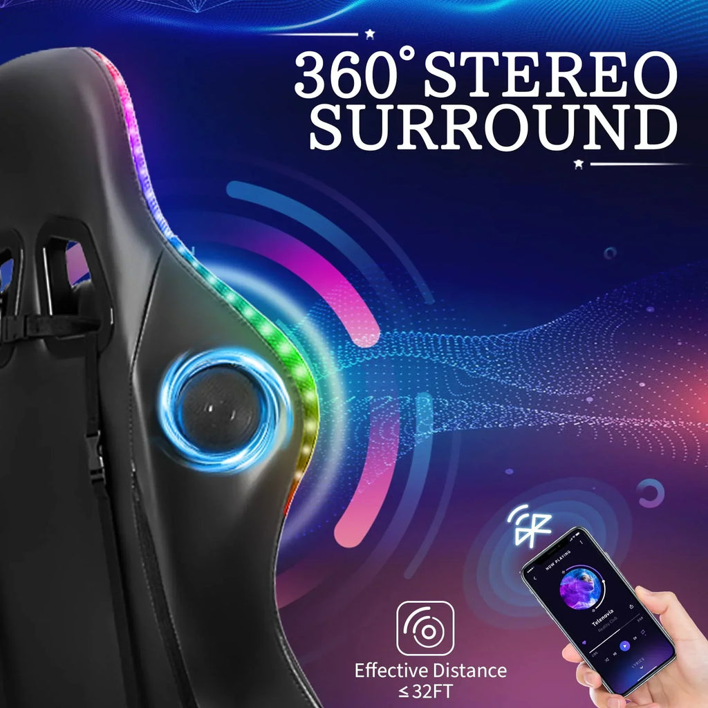 2026 NewRGB Gaming Chair with Speakers Massage Computer Gaming Chair with LED Lights and Footrest High Back Video Game Chair for Adults Blue and Black