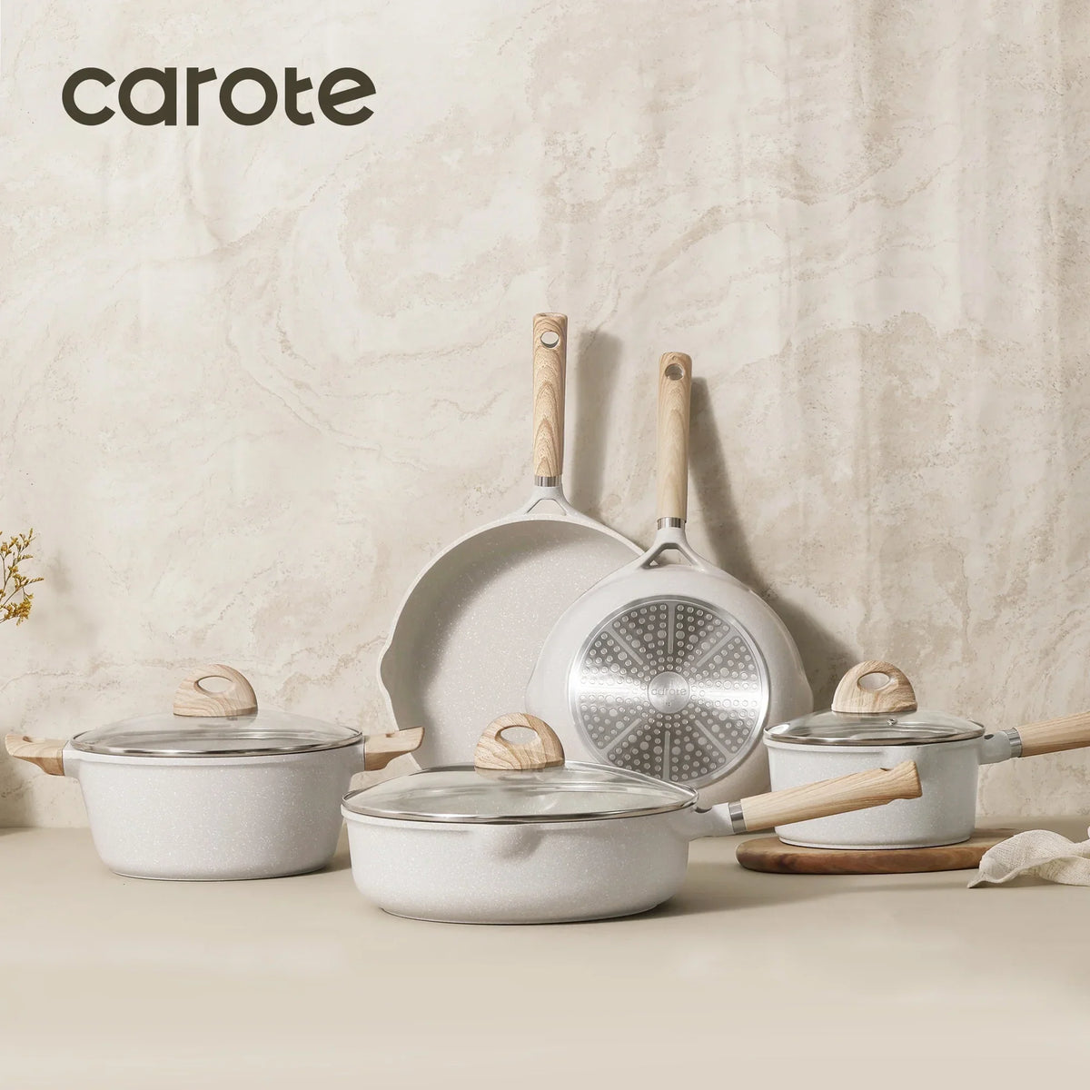 2026 NewCarote Nonstick Cookware Set 21-Piece,Kitchen Pots and Pans Set,Stay-Cool Handles, Induction Compatible,Cookware Set for RV and Camping,Beige