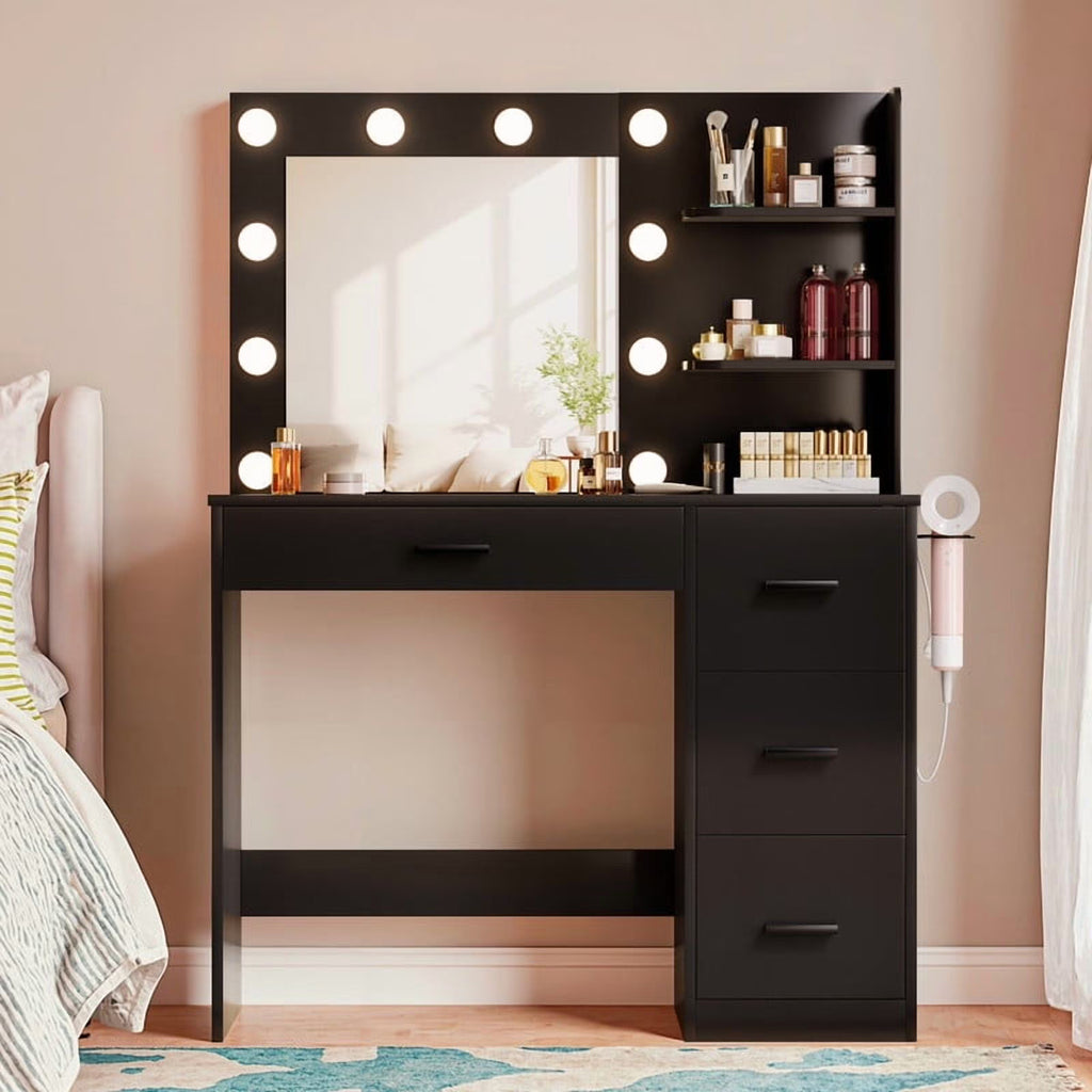 2026 NewLacoo Vanity Desk with Mirror and LED Lights, Makeup Vanity with 7 Drawers & 4 Shelves, Vanity Table with Power Outlet for Bedroom Dressing Room, White