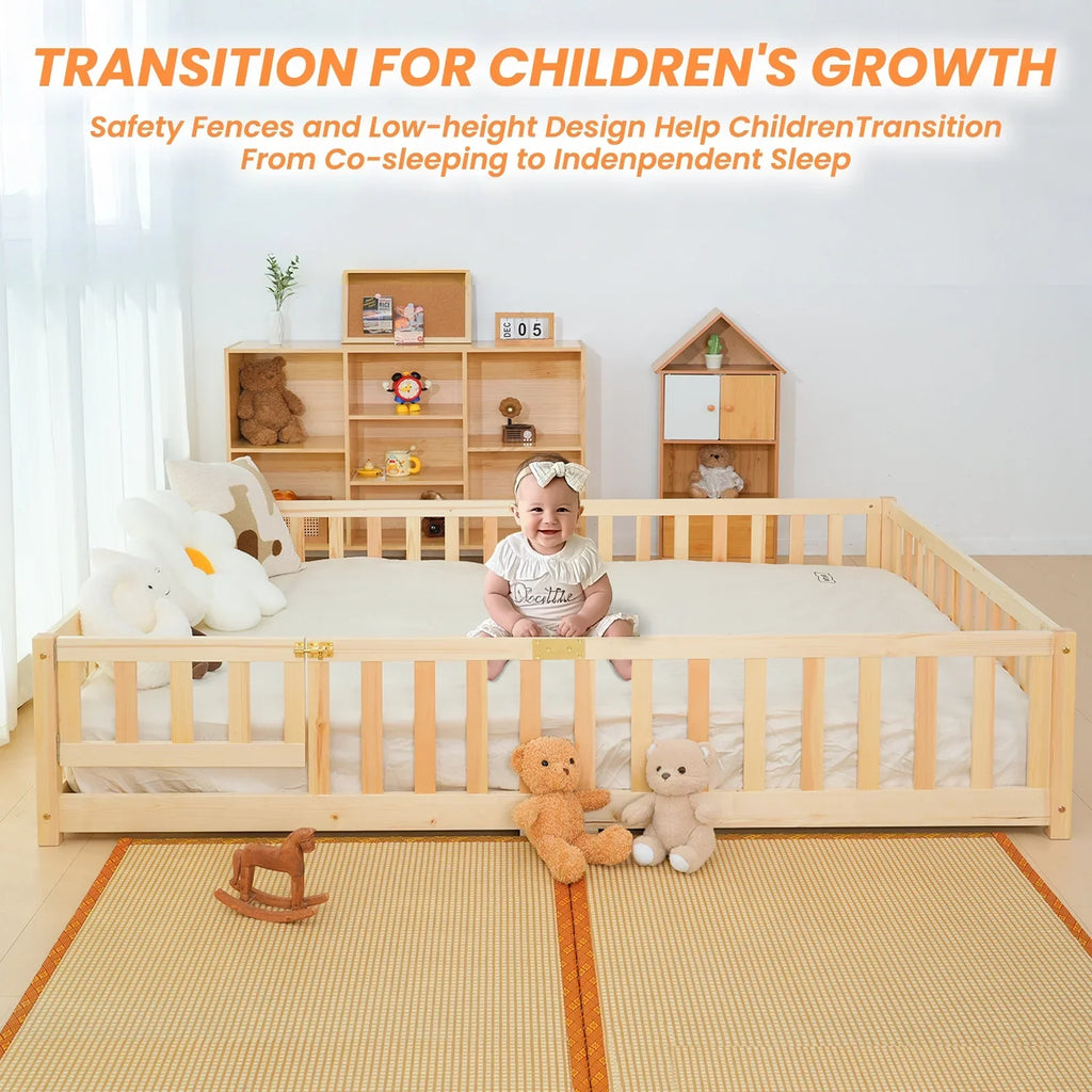 2026 NewSlsy Twin Size Toddler Floor Bed, Solid Wood Montessori Bed Frame with Fence & Door Montessori Floor Bed Crib with Safety Guardrails for Girls and Boys