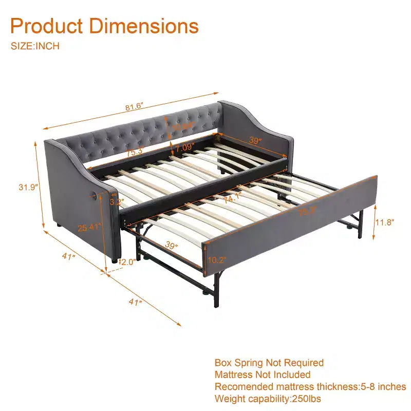 2026 Cama sofá Twin con cama nido, tapizada en terciopelo, puerto USB y bolsillos laterales - ModernLuxe