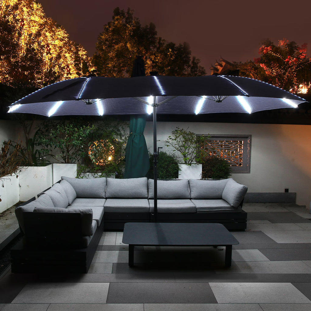 2026 NewMondawe 15ft Patio Umbrella, Large Double-Sided Solar LED Outdoor Umbrella with Fiberglass Ribs and Base for Deck Pool, Navy Blue