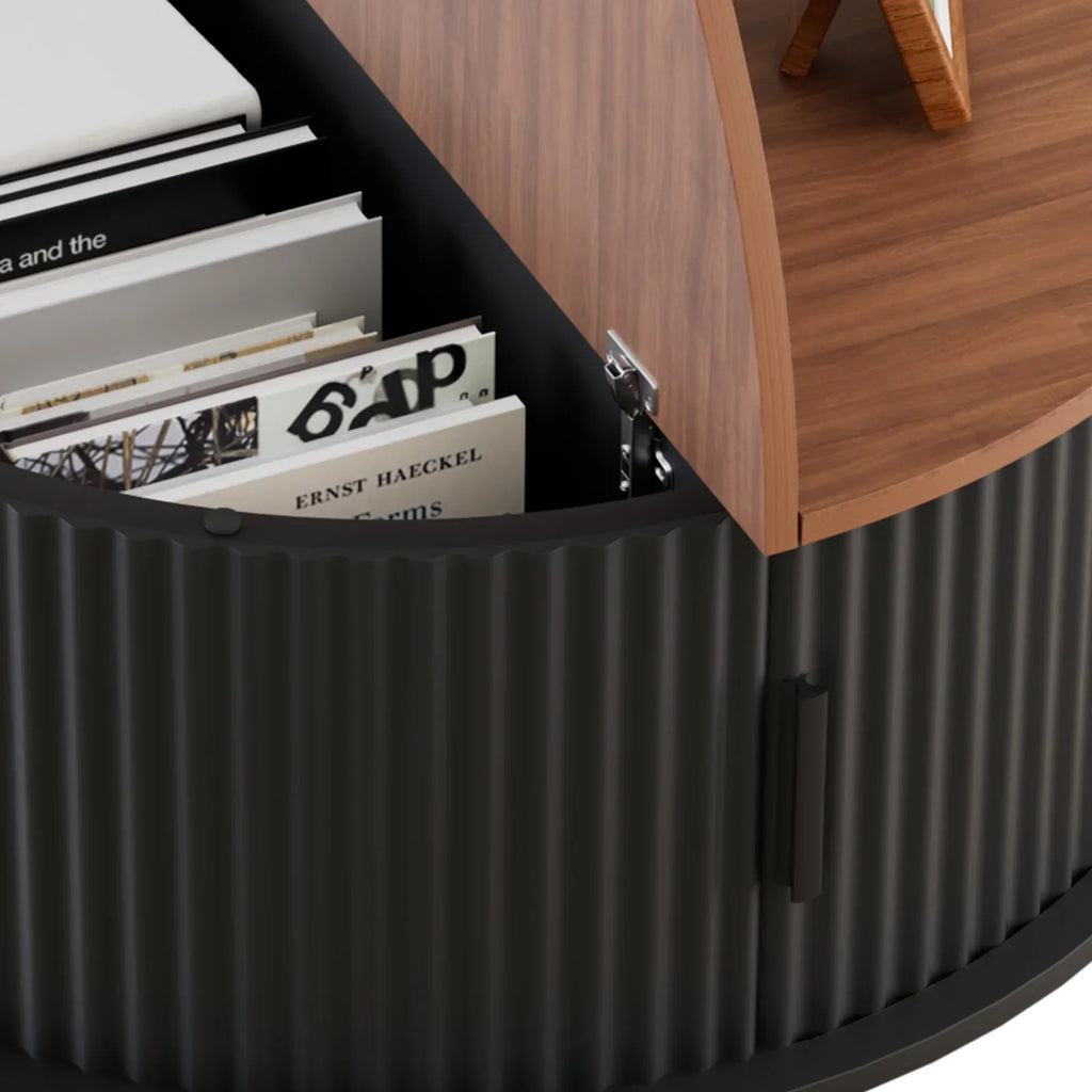 2026 NewRUMLIVE Round Coffee Table with Storage, 30.7" Modern Coffee Table with 360" Curved Sliding Door, Fluted Wood Coffee Table with Footpads, Round Center Table for Living Room, Black