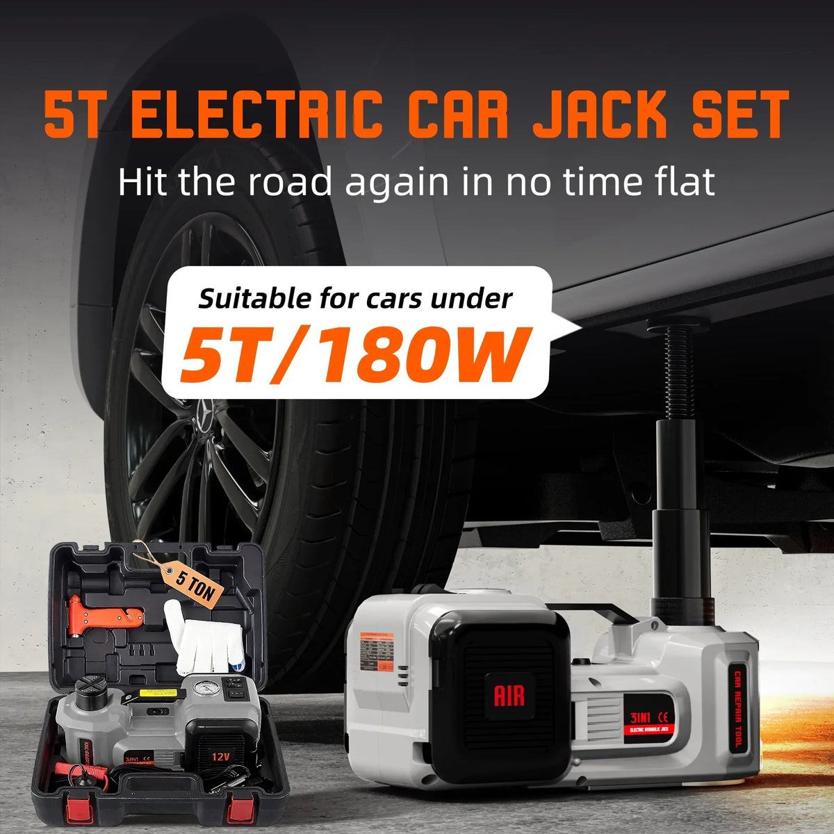 2026 NewSZTAA Electric Car Jack Lift with Air Compressor and Emergency Hammer 5 Ton/11023 lbs Hydraulic Jack for SUV Sedan Truck Change Tires Garage Repair
